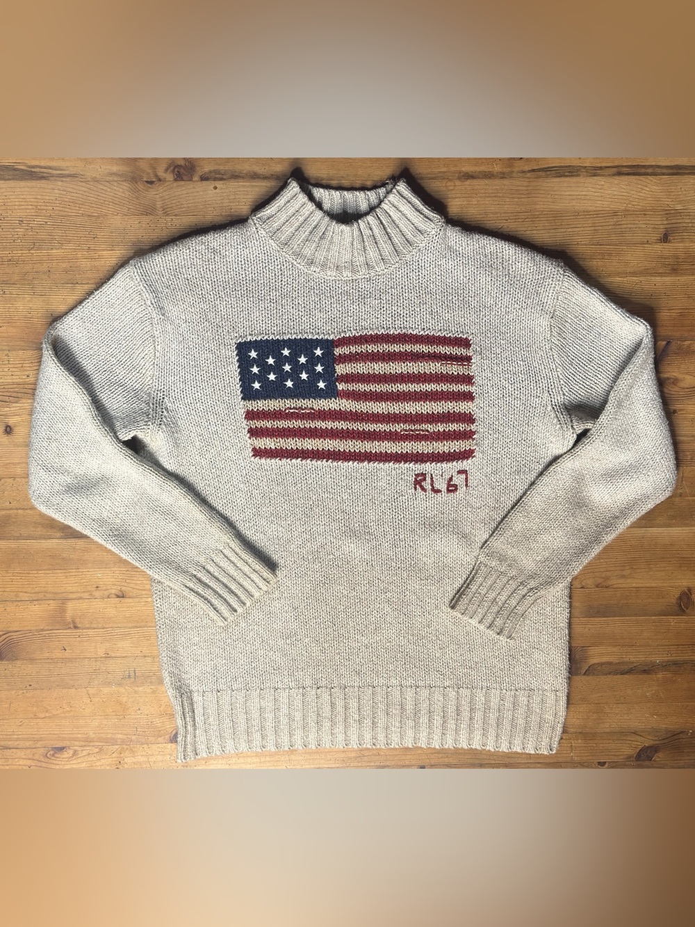 Ralph Lauren Tan Sweater with USA Flag Linen & Cotton XS